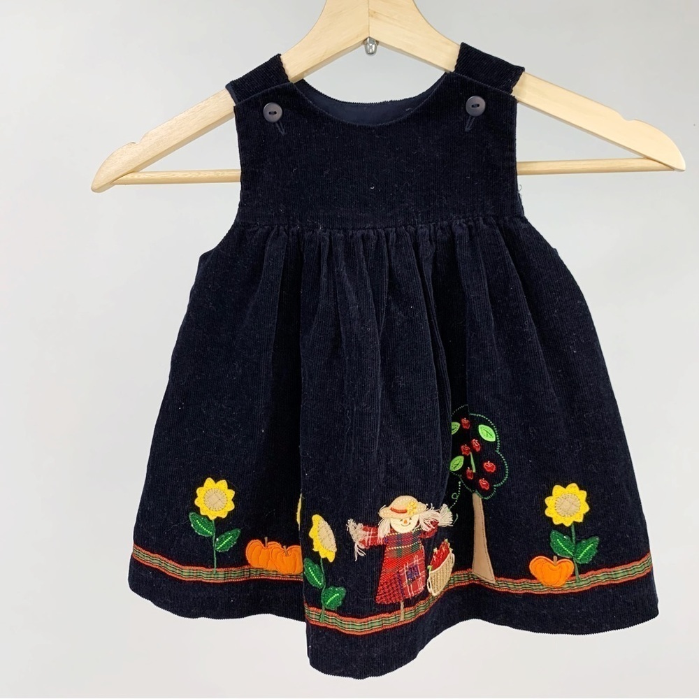 Girls Corduroy Navy Autumn Scarecrow Halloween floral Button Dress 12mo